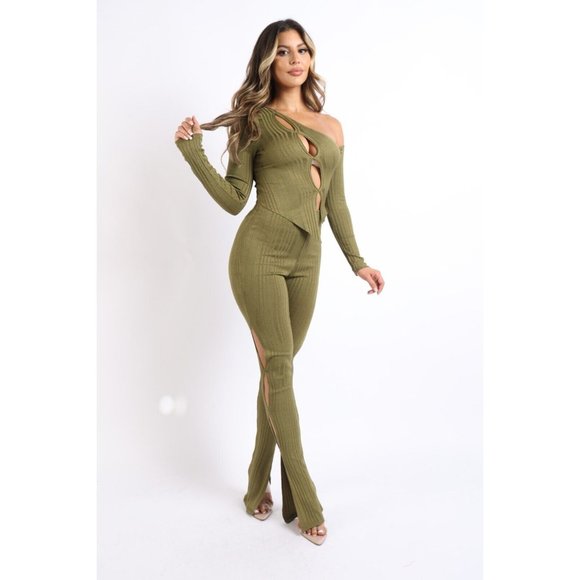 Women's Asymmetric One Shoulder Cutout Ribbed Top and Matching Flare Pants Set - Picture 3 of 8